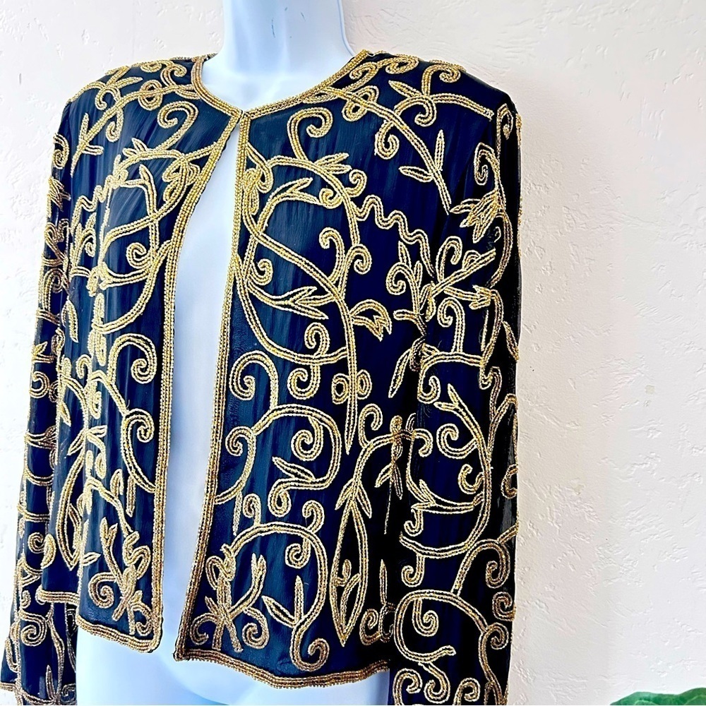 LORD AND TAYLOR Vintage Silk Gold Beaded Dress Jacket Size 10 Mob Wife - Picture 3 of 11